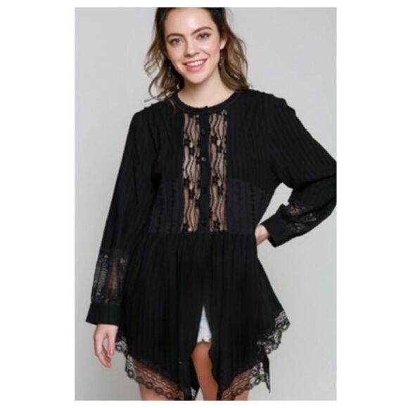 LACE Trim Top W/ China Collar & Shark-bite  Hem - Picture 7 of 10